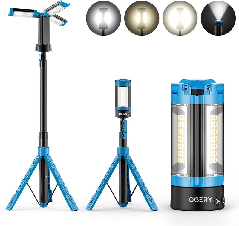 OGERY Rechargeable 10000mAh Camping Light with Stand 6.5 ft Max Height, Cordless Work Light with 3 LED Lamp Heads, 2200 Lumens Camping Essentials Gear Emergency Flashlight with Detachable Tripod - Image 1